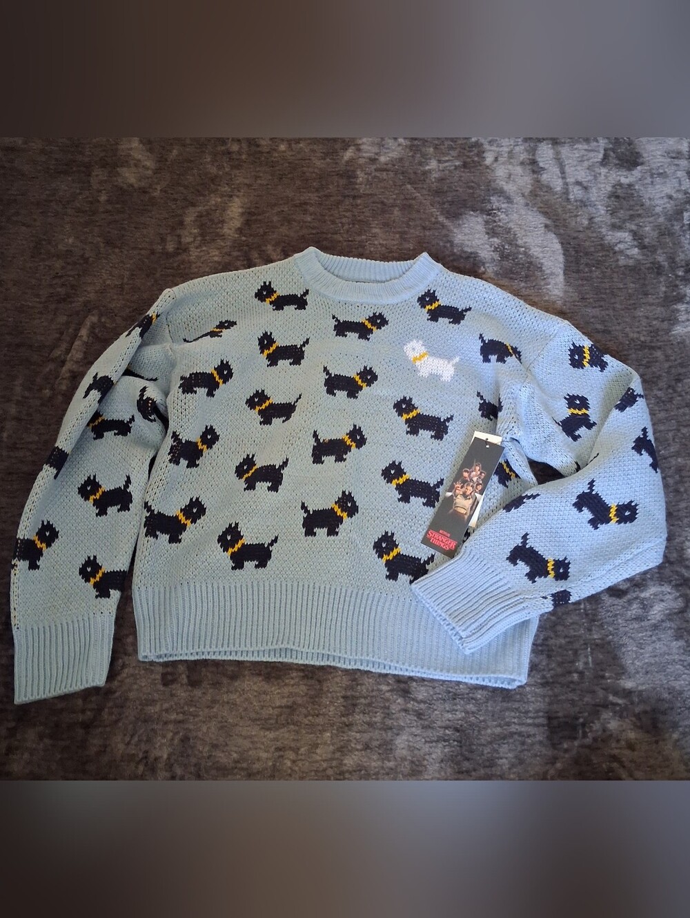 NWT Netflix Stranger Things Blue Scottie Dog/Erica Sinclair Sweater Women S